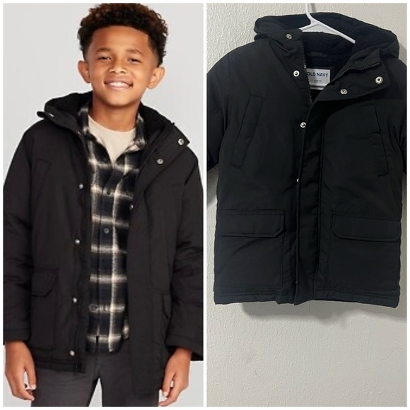 Old Navy Small (6-7) Black Boys Hooded Zip-Front Water-Resistant Jacket NWOT - Picture 1 of 11
